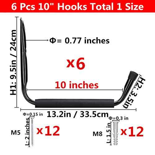 Garage Storage Jumbo Arm Hook Heavy Duty Wall Mount Organizer Utility Garden Hanger with EVA Protector (6 Pcs 10" J Hooks)
