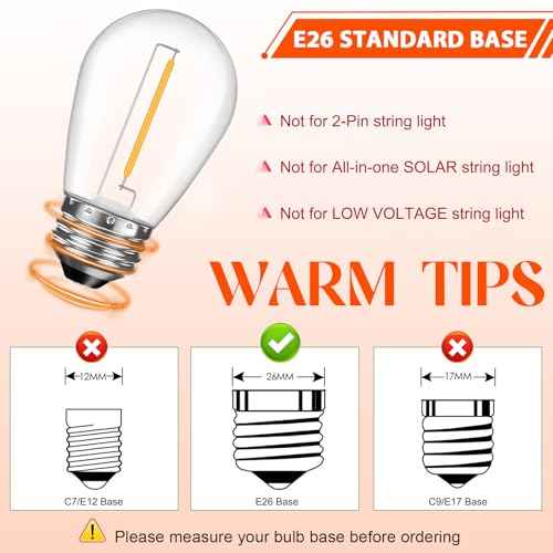 64 Pack LED S14 Replacement Light Bulbs, Shatterproof 1W Vintage Edison Bulbs for Outdoor Patio Backyard String Lights, Dimmable, E26 Screw Base, 2200K Warm White