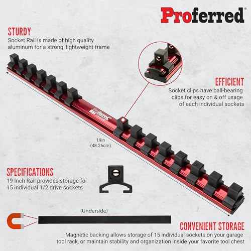 Proferred S49201 Magnetic Aluminum Socket Rail, 1/2" Drive, 19"