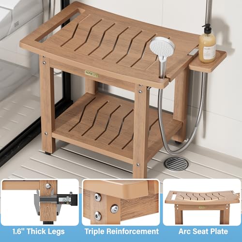 YEFU Shower Chair for Inside Shower: 21 Inch Oversized Waterproof/No Maintenance - Teak Shower Stool with Shelf & Handle 400 LBS - Bathrooms/Outdoor - Non-Slip Easy Assemble Bench for Adult/Elderly