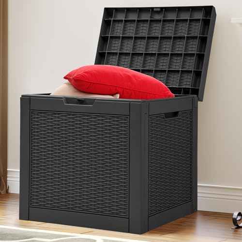 YITAHOME 32 Gallon Rattan Deck Box,Indoor Outdoor Storage Box for Patio Furniture,Pool Accessories, Cushions,Garden Tools, Sports Equipment, Waterproof Resin with Lockable Lid and Side Handles (Black)