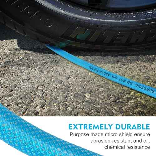 Air Compressor Hose 1/4 Inch x 100 Feet Reinforced Polyurethane (PU) Air Hose with Fittings, Bend Restrictors, 1/4" Industrial Quick Coupler and Plug Kit, Blue