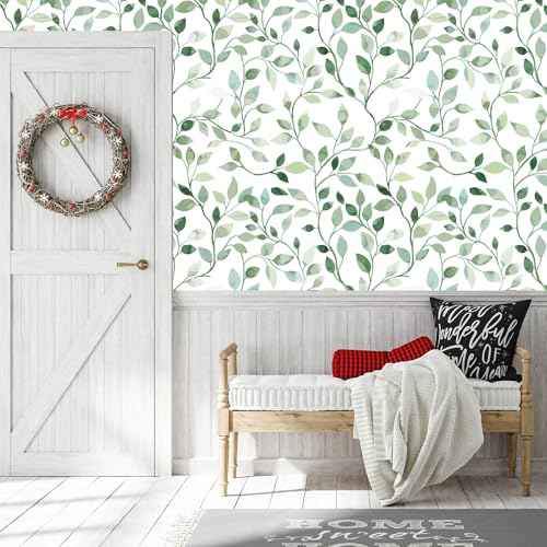 Modern Blue and Sage Green Leaf Peel and Stick Wallpaper Botanical Design Removable Self Adhesive Vinyl Contact Paper for Bathroom Waterproof Cabinets and Farmhouse Wallpaper 17.7" x 70.8"