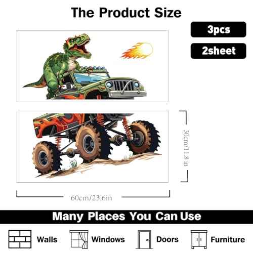 PLIGREAT Monster Truck Wall Stickers, Dinosaur Wall Decals Peel and Stick Walls Decor Removable Vinyl Art Decal for Bedroom Playroom Dorm Basement Art Decorations Home Indoor Decor