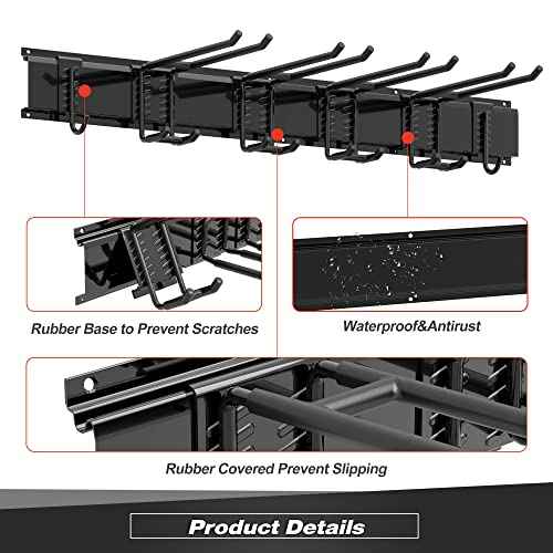 Garage Tool Storage Rack, Heavy Duty Garage Storage Organizer Rack System Wall Mounted Tool with 6 double hooks, 2 rails, Garden Yard Tools Hanger Rack for Ski Gears, Broom, Rake,Shovel