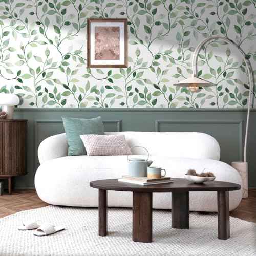 Modern Blue and Sage Green Leaf Peel and Stick Wallpaper Botanical Design Removable Self Adhesive Vinyl Contact Paper for Bathroom Waterproof Cabinets and Farmhouse Wallpaper 17.7" x 70.8"