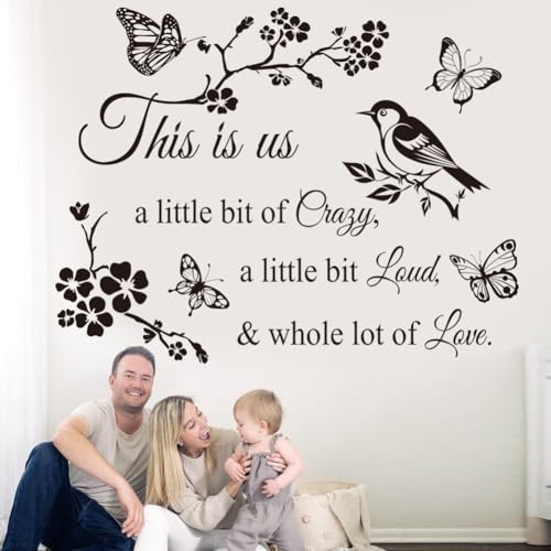 CASADECOR This Is Us Black 'A Little Bit of Crazy, A Little Bit Loud & Whole Lot of Love' Floral Nature Elements Letter Print Indoor Weatherproof PVC Rectangular Wall Sticker