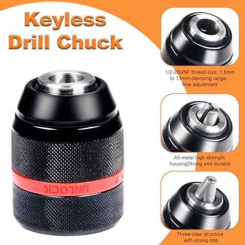 Keyless Drill Chuck for Milwaukee M18, 1/2"-20UNF Mount, 1.5 to 13 mm Clamping Capacity, All-Metal Self-Tightening Chucks, Replacement Power Drill Chucks for Various Purposes