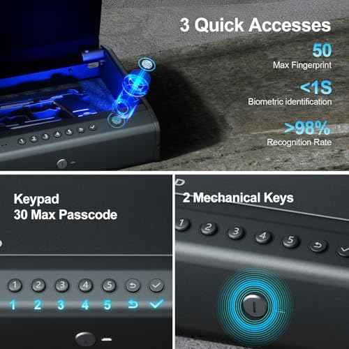 Biometric Gun Safe For Handgun, Pistol Safe with Fingerprint/Backlit Keypad/Keys, 3 Quick Access Handgun Safe fits 2-3 Pistols, Gun Case with Interior LED Cable for Nightstand Car Large Size