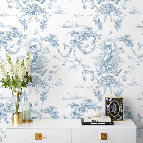 CiCiwind Peel and Stick Wallpaper Blue and White Toile Wallpaper Vintage Removable Waterproof Wall Paper for Bathroom Bedroom Living Room French Contact Paper for Cabinets Vinyl Rolls 17.3"¡¿78.7"