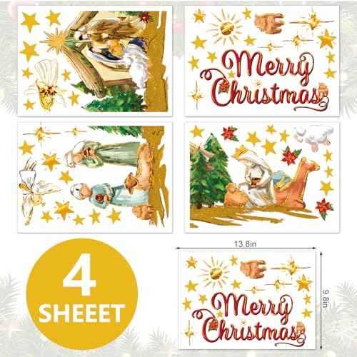Christmas Wall Stickers Nativity Scene Wall Decals Large Holy Night Room Mural Stickers for Home Party Decor, 9.8 x 13.8 Inch, 4 Sheets