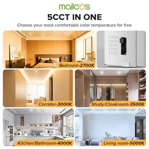 MAILCOS 12 Pack 6 Inch 5CCT Black Ultra-Thin LED Recessed Lighting with Junction Box, 2700K-5000K Selectable, 1050LM High Brightness, Dimmable Canless Wafer Downlight, 12W 120V, ETL