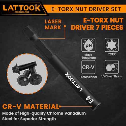 E-TORX Nut Driver Set, LATTOOK 7-Piece 1/4'' Hex Shank Female Torx Nut Driver E Torx & Star Nut Driver External Star Nut Driver Set for Impact Drill, E4 E5 E6 E8 E10 E12 E14