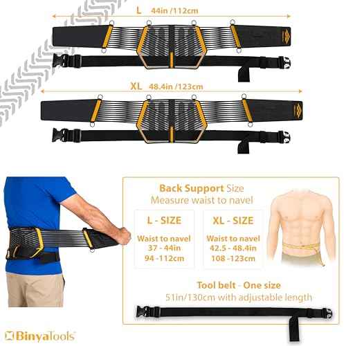 BINYATOOLS Tool Belt with Lumbar Back Support for Tradesman Pro Construction Electrician 2" Tool Belt for Men Orthopedic Lower Back Brace for Heavy Lifting Lightweight with D Rings and Pockets- L