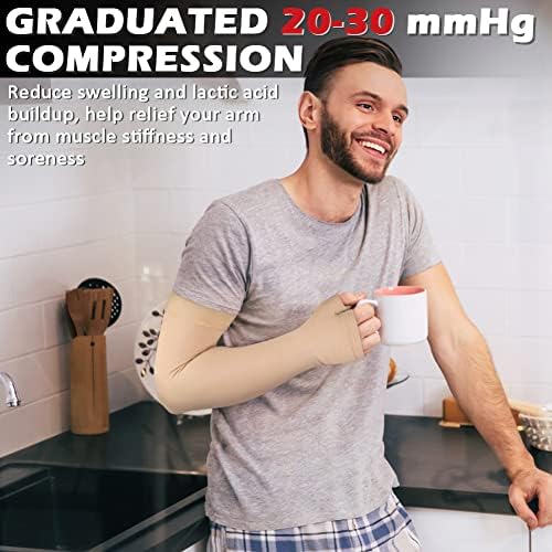 Ailaka Lymphedema Compression Arm Sleeve（Single） with Gauntlet for Men Women, 20-30 mmHg Medical Compression Arm Sleeve