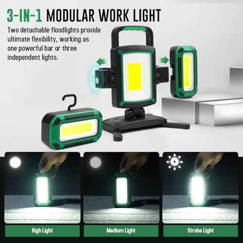 50W 5000LM Rechargeable Work Light, 3-in-1 Magnetic Work Light with Detachable 2 Floodlights, 9 Modes, Foldable&360¡Æ Rotatable IP65 Portable LED Worklight with Hooks for Jobsite Garage Car Repairing