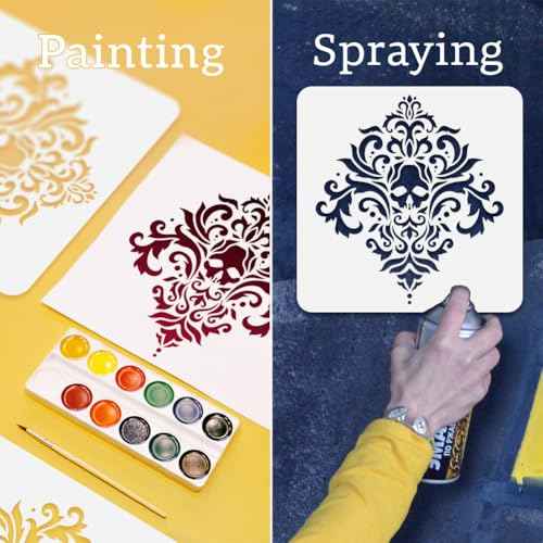 Skull Damask Stencil for Painting, 11.8"x11.8"Reusable Spliced Halloween Stencil Drawing Template, Baroque Retro DIY Craft Paint Template for Wall Home Decor Wood Burning Card Journal Canvas