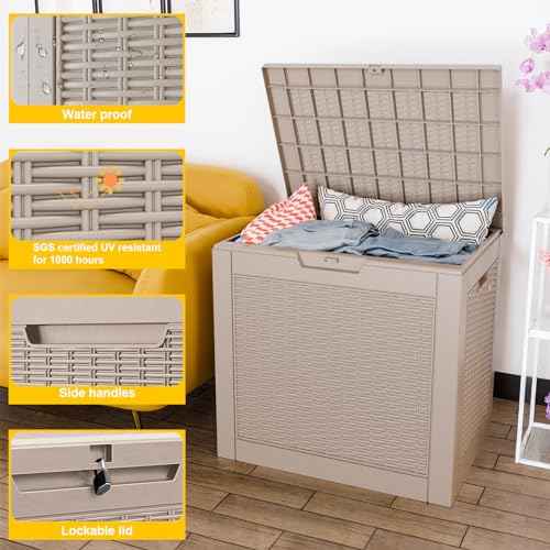 DRATO 31 Gallon Deck Box, Outdoor Storage Box for Patio Cushion, Garden Tools, Waterproof Resin Storage Box (Light Brown)