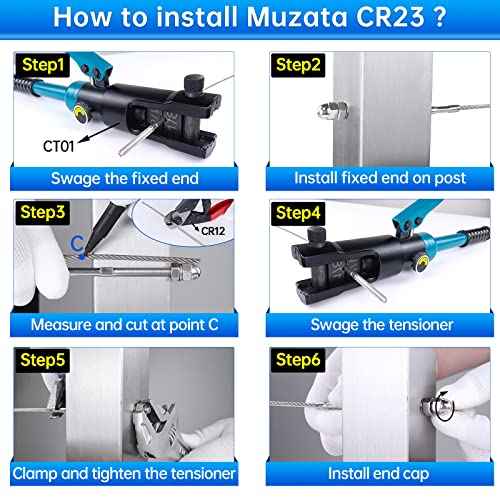 Muzata 100 Pack 1/8" Cable Railing Hardware Kit Hand Swage Threaded Stud Tensioner for 2x2 Metal Post T316 Stainless Steel Deck Cable Railing System CR23