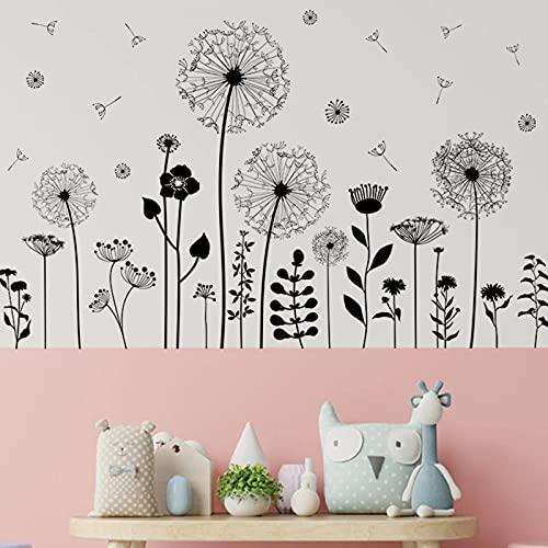 Large Dandelion Wall Stickers, Attractive Flying Flowers Wall Decals, Removable Plants Wall D?cor, DIY Art Mural Vinyl for Bedroom Living Room Sofa Backdrop Classroom Decoration (Black)