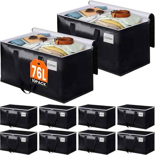 BlissTotes Moving Bags, Heavy Duty Moving Boxes with Zippers Top and Sturdy Handles, Storage Bags for Space Saving and Packing, Collapsible Moving Supplies, Storage Totes (76L, 10-Pack, Black)