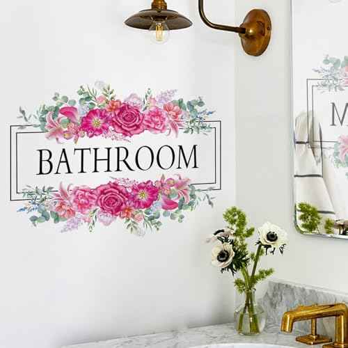 2 Pcs Bathroom Signs Wall Decals Stickers Decor Beautiful Flower Stickers Wall Decals Peel and Stick DIY Removable Wash Room Door Decor