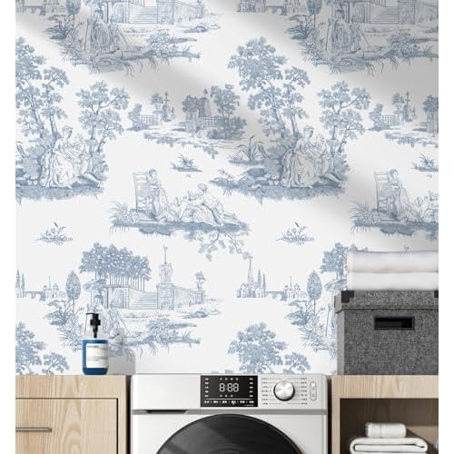 Hopepak Vintage Peel and Stick Wallpaper Blue Toile Wall Paper Self Adhesive Removable French Contact Paper Waterproof Wallpapers for Bedroom Bathroom Living Room 17.3''x118''