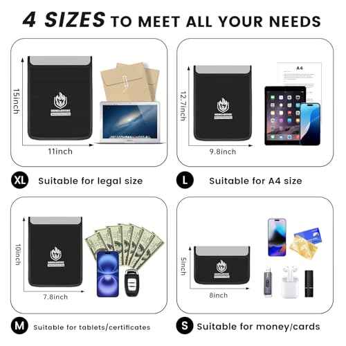 4 Pack Fireproof Document Bags, Waterproof Document Pouch Holder with Zipper, Fire Proof Money Bag for Cash, Fireproof Envelope Fire Safe Bag, Fire Resistant Storage for Legal/A4 Size (Black)