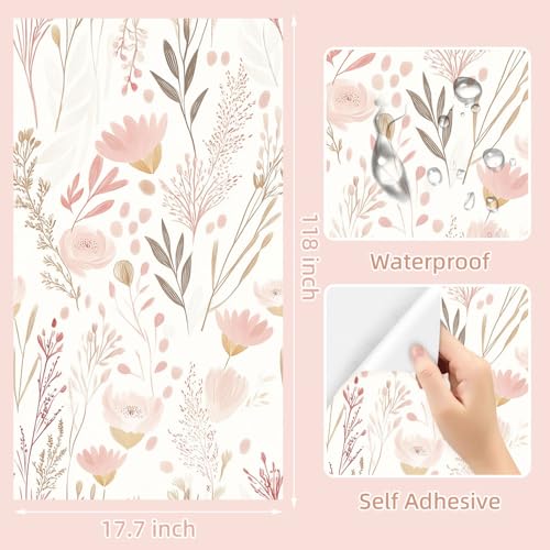 Pink Floral Wallpaper Peel and Stick, Boho Self Adhesive Removable Wall Paper for Bedroom Home Decoration 17.7 x 118 Inch