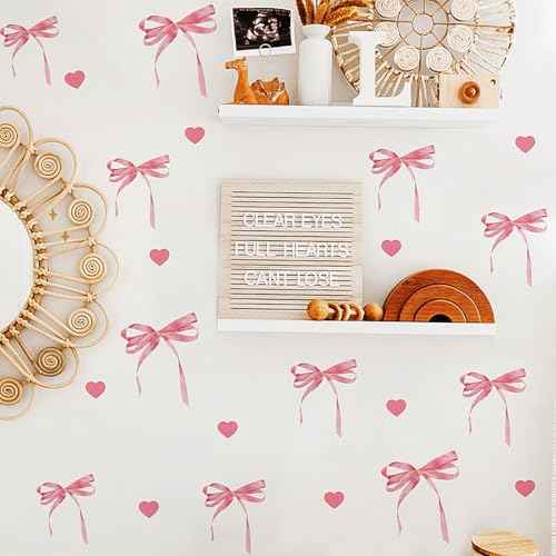 12 Sheets Bow Wall Stickers Peel and Stick Coquette Pink Bow Heart Decals for Room Nursery Boho Bedroom Dresser Playroom Living Room Windows Aesthetic Waterproof Wallpaper for Christmas Room Decor