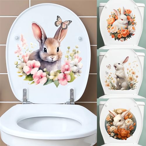 4 Sheets Cute Bunny Flower Butterfly Toilet Stickers, sacinora Rabbit Toilet Lid Decals Removable Vinyl Peel and Stick Wall Stickers for Bathroom Restroom WC Bathtubs Door Furniture Home Decorations