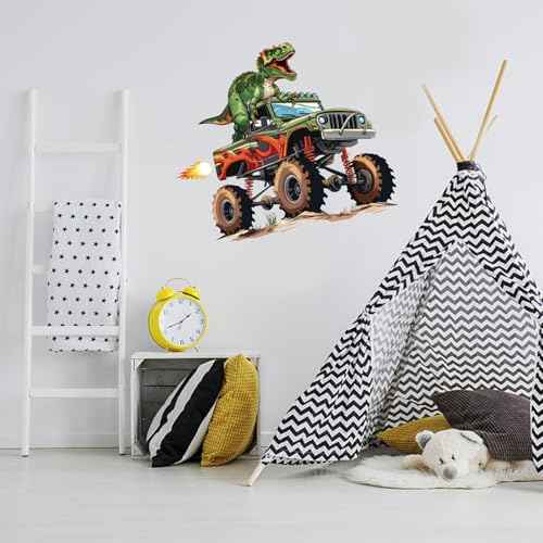 PLIGREAT Monster Truck Wall Stickers, Dinosaur Wall Decals Peel and Stick Walls Decor Removable Vinyl Art Decal for Bedroom Playroom Dorm Basement Art Decorations Home Indoor Decor