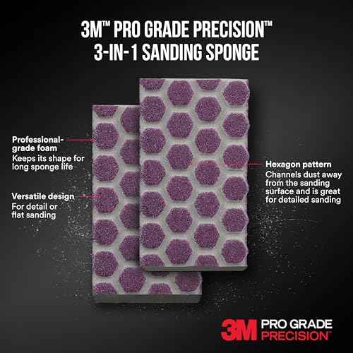 3M Pro Grade Precision 3-in-1 Sanding Sponge, 320 Grit X-Fine, 2 Sponges, Washable & Reusable, for Wood, Metal, Drywall, and Paint Finishing ? Flexible Foam, Contoured, Angled, Flat