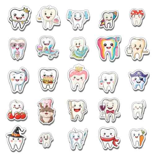 Pack 50 Pcs Cute Tooth Dentist Stickers for Water Bottles Funny Laptop Luggage Computer Scrapbooking Kids Teens Girls Boys Adults Aesthetic Waterproof Sticker Small Vinyl Decals