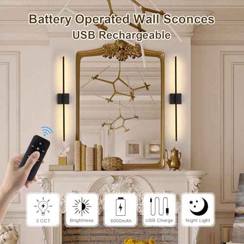 Battery Operated Wall Sconces Set of 2, USB Rechargeable Wall Lights with Remote Control, 360¡Æ Rotation, 6000mAh, Dimmable Touch Wireless Wall Sconce Decor for Living Room Bedroom, 32 Inch, Black