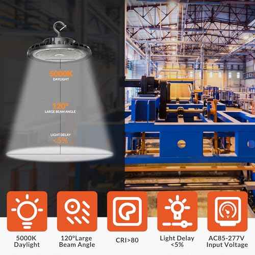 200W LED High Bay Light, 28000LM 110-277V 5000K Shop Garage Light with US Plug 5' Cable IP65 Waterproof UFO Commercial Lighting for Warehouse Barn Garage Workshop Factory Gym, 2 Pack