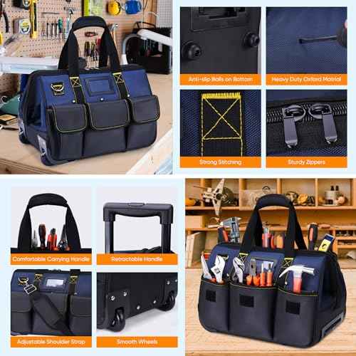 Rolling Tool Bag with Large Capacity, Heavy Duty Tool Organizer Bag with Wheels and Multi-pocket, Tool Storage Bag with Handle/Shoudler Strap/for Men, Electrician, Repairman, HVAC Techs, Mechanic
