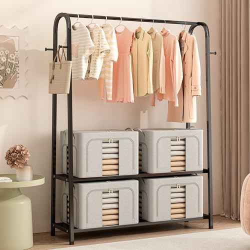 Pinkpum 3 Pack Clothes Storage Bins with Metal Frame, Closet Organizers and Storage Boxes, Stackable & Foldable Clothes Organizer Bags with Large Clear Window & Long Carry Handles, Beige 66L