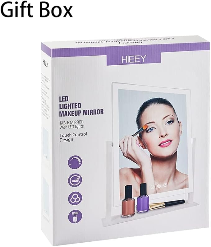 HIEEY Lighted Makeup Mirror, Hollywood Vanity Mirror with Lights, Three Color Lighting Modes, with 4in 20X Magnification Mirror, Smart Touch Control, 360°Rotation (17.4in,White,Gift Box)