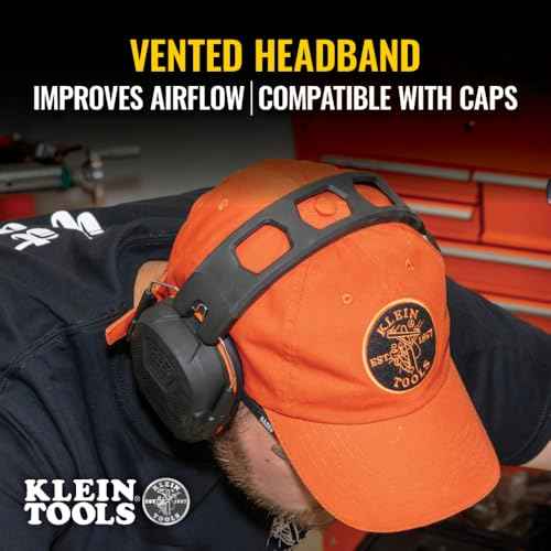 Klein Tools 60570 Hearing Protection Ear Muffs, NRR 27dB, Ultra-Slim Over-the-Head Adjustable Safety Earmuffs for Loud Jobsites