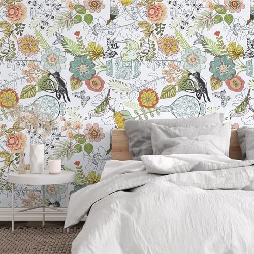 Decoroom Boho Floral Peel and Stick Wallpaper, Ainmals Birds Flower Contact Paper, Thicken Self Adhesive Removable Green Wall Paper for Wall Shelf Liner Drawer 17.7" X 118"