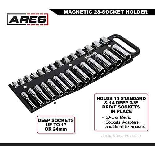 ARES 70219-28-Piece 3/8-Inch Drive Magnetic Socket Holder - Securely Holds 14 Standard and 14 Deep Sockets in Place - Organize Sockets up to 1 Inch or 24mm