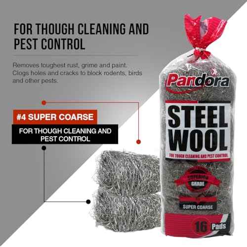 Pandora Steel Wool #4 ? Extra Coarse Grade, 16 Pads for Tough Cleaning and Pest Control - Quality Metal Strands - Ideal for Removing Stubborn Paint, Rust, Dirt, and Varnish
