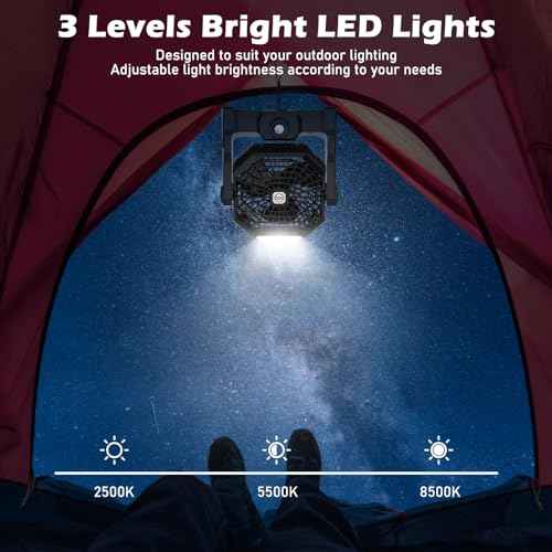 Camping Fan Rechargeable, 10400mAh Portable Battery Operated Camping Fan for Tents, Hangable USB Silent Camping Fans with LED Lantern, Suitable for Fishing, Camping, Bedroom, Workplace (Black)