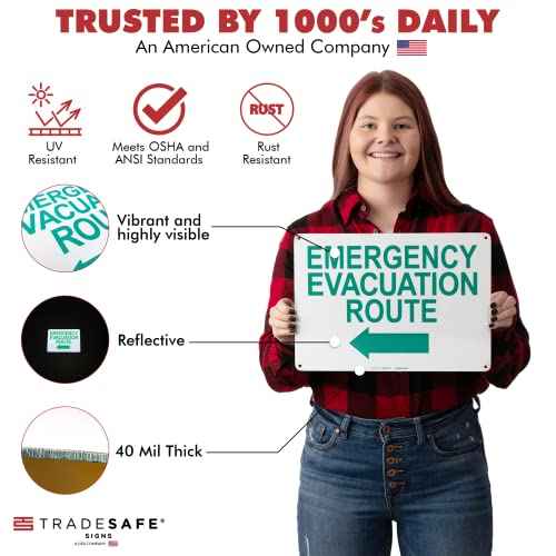TRADESAFE Emergency Evacuation Route Sign - Evacuation Plan Sign With Arrow Left, Quick Install Aluminum Safety Sign, Light Reflective, UV-Resistant, Waterproof, 14¡± X 10¡± Signs for Business