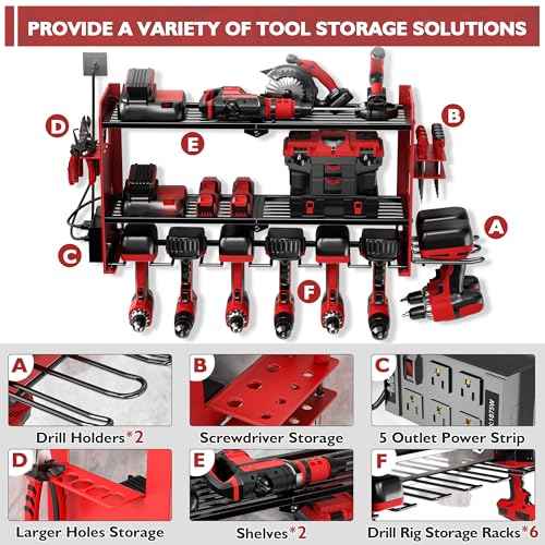 Power Tool Organizer Wall Mount with Charging Station, Cordless Drill and Battery Holder Shelf for Garage Organization,Heavy Duty Metal Tool Rack Storage, Load 300lbs, Built in 5 Outlet Power Strip