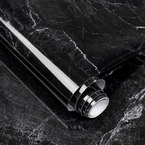 Anmon Black Marble Contact Paper, Glossy Black Marble Wallpaper Waterproof 15.7''X118'' for Countertops, Self-Adhesive Removable Vinyl Wallpaper Thicken and Not Tearing for Cabinets, Kitchen