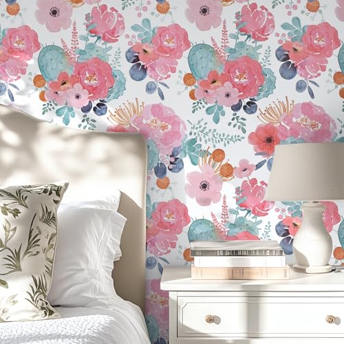WENMER Floral Peel and Stick Wallpaper, Pink/Green/White Peony Wallpaper, Floral Contact Paper for Desk, Self Adhesive Vinyl Wall Paper for Bedroom Kitchen Classroom Furniture 17.7" x 118"