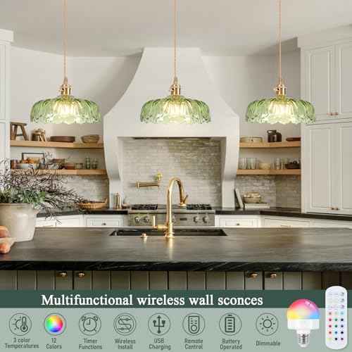 Battery Operated Pendant Light,Vintage Light Fixtures RGB Light Bulb 2500mAh 9.4in Green Modern Chandelier with Remote Control Wireless Adjustable Rechargeable Chandelier for Kitchen Island 1Light