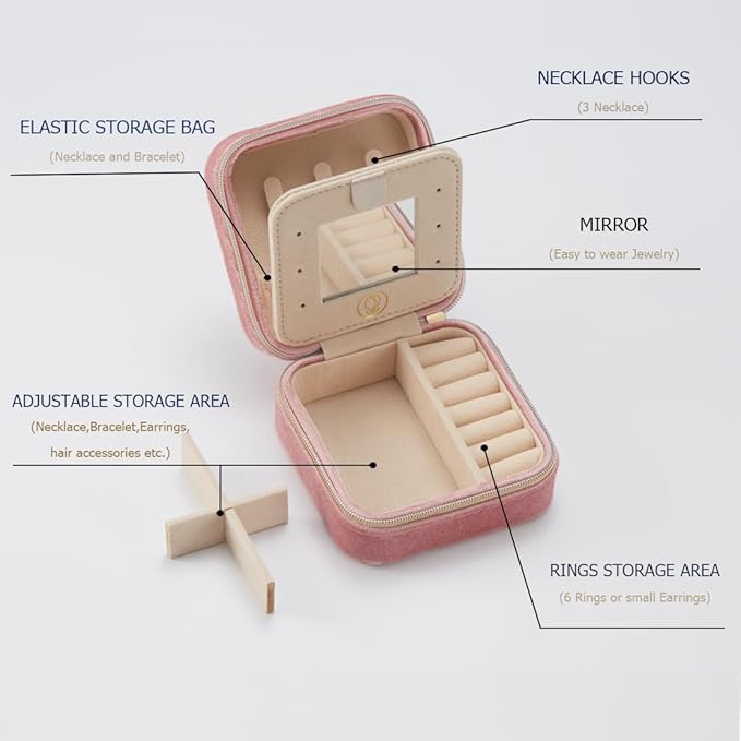 Plush Velvet Jewelry Travel Case,Small Jewelry Box,Traveling Jewelry Organizer,Portable Jewellery Storage Holder for Rings Earrings Necklace Bracelet, for Girls Women | Pink-Mirror
